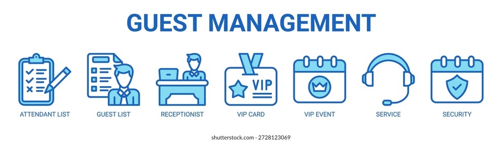 Ilustração de vetor de ícone de banner da Web de Gerenciamento de Convidados com ícone de lista de atendentes, lista de convidados, recepcionista, cartão vip, evento vip, serviço e segurança.