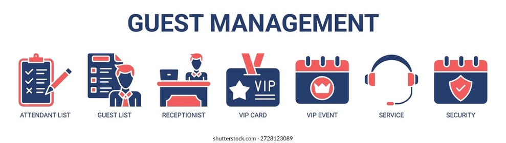 Ilustração de vetor de ícone de banner da Web de Gerenciamento de Convidados com ícone de lista de atendentes, lista de convidados, recepcionista, cartão vip, evento vip, serviço e segurança.