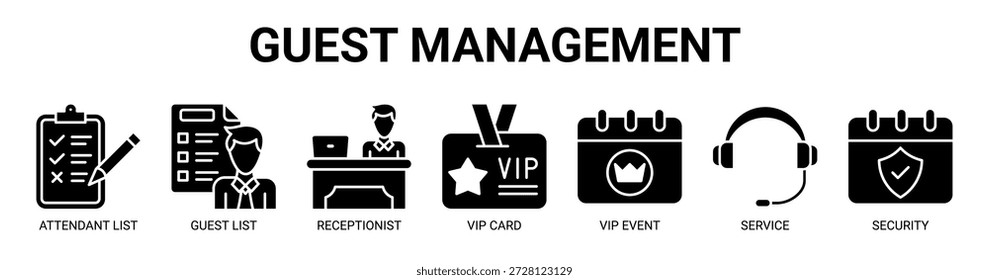 Ilustração de vetor de ícone de banner da Web de Gerenciamento de Convidados com ícone de lista de atendentes, lista de convidados, recepcionista, cartão vip, evento vip, serviço e segurança.