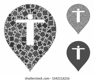 Guest marker mosaic of unequal pieces in different sizes and shades, based on guest marker icon. Vector humpy pieces are combined into mosaic. Guest marker icons collage with dotted pattern.