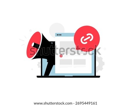 Guest post backlink - SEO outreach strategies on laptop screens with megaphone announcements and chain icons for quality seo link acquisition and domain ranking improvement. Vector illustration