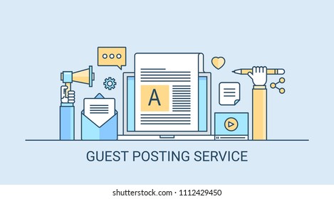 Guest posting service - Blog Content - Blog marketing - Guest post - flat line vector illustration isolated on blue background