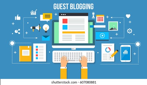 Guest posting, writing, developing and publishing content for blog flat vector concept