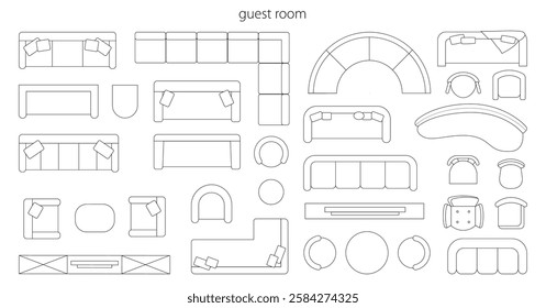 Guest room furniture for interior design plan. Vector flat cartoon, schematic top view. Isolated objects for living space, sofa with cushions, armchairs and console for tv set, table and chairs