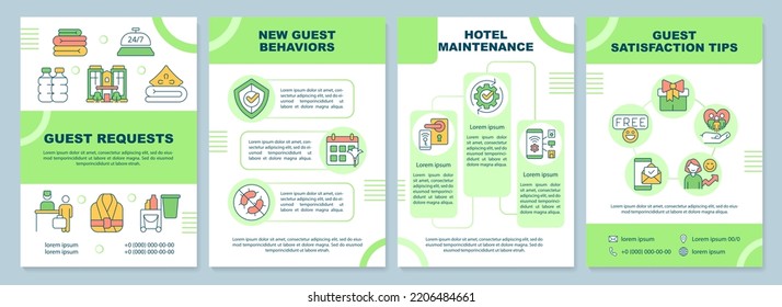 Guest Satisfaction Green Brochure Template. Hotel Maintenance. Leaflet Design With Linear Icons. Editable 4 Vector Layouts For Presentation, Annual Reports. Arial-Black, Myriad Pro-Regular Fonts Used