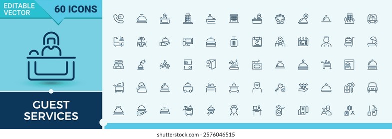 Guest Services linear icon collection. Contains such icons as breakfast, key, apartment, bed, swimming, transfer, air and more. Simple line vector. Editable vector illustration.