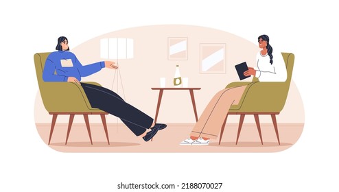 Guest talking to host at interview. Conversation, dialog of celebrity and journalist interviewer, sitting in armchair in cozy interior studio. Flat vector illustration isolated on white background.