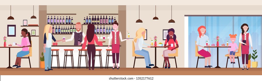 guests at bar counter and tables drinking alcohol bartender and waitress serving drinks to mix race clients modern cocktail bar restaurant interior flat horizontal banner