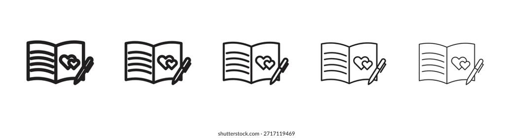 Símbolo do ícone do livro de convidados em linha fina, contorno preto e estilo de traçado