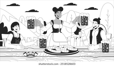 Guests enjoying beer at octoberfest black and white line illustration. Multiracial adults with drinks and food 2D characters monochrome background. Traditional feast scene vector storytelling image