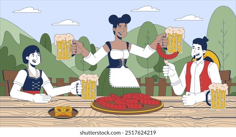 Guests enjoying beer at octoberfest flat illustration. Multiracial adults with drinks and food 2D characters cartoon background. Traditional bavarian feast scene vector storytelling image