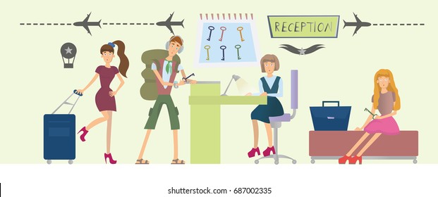 Guests of the hotel and the girl behind the counter at the reception. People in hotel or hostel lobby interior. Vector illustration.