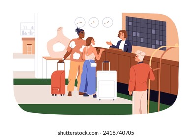 Guests at hotel reception desk. Couple checking in at counter. People tourists with luggage arrived to lobby, talking to receptionist in hall. Flat vector illustration isolated on white background