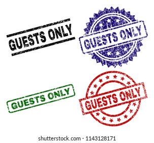 GUESTS ONLY seal prints with corroded texture. Black, green,red,blue vector rubber prints of GUESTS ONLY label with corroded style. Rubber seals with round, rectangle, medallion shapes.
