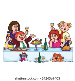 guests are sitting at a large festive table and drinking wine, a cat and a mouse peek out from under the table, isolated object on a white background, cartoon, vector, eps