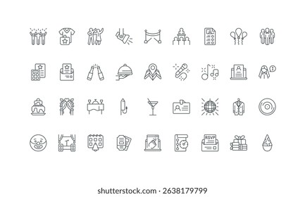 Guests and visitors celebrate, dance to music and karaoke thin black symbol vector illustration. Event planning, fun party organization, staff and catering service, entertainment line icon set.