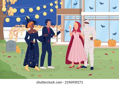 Guests Wearing Carnival Costumes At Halloween Party Flat Color Vector Illustration. Fully Editable 2D Simple Cartoon Characters With Decorated Backyard On Background. Bebas Neue Font Used