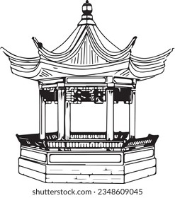 Gufeng Pavilion, Controversial placement of peony pavilion, Beautiful vintage ink Chinese pagodas in chinoiserie style for fabric or interior design, Simple Line Gazebo