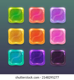 Gui assets, multicilored slime buttons. Cartoon colorful square glossy frames set. Vector elements for game or web ui design.