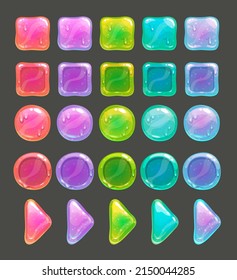 Gui assets, multicilored slime buttons and frames. Cartoon colorful square, round, triangle glossy items set. Vector elements for game or web ui design.