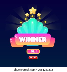 GUI Badge Popup Winner Golden Stars Shell Cartoon Ribbon With Button Ok And Share Colorful Juicy Vector Design