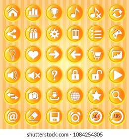 Gui Button orange circle with golden border. 2d asset for user interface GUI in mobile application or casual video game. Vector for web or game design. Decorative elements, Cartoon colorful icon set.