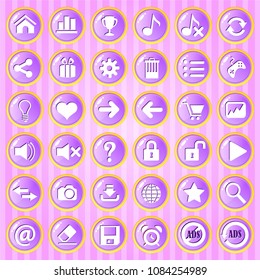 Gui Button purple circle with golden border. 2d asset for user interface GUI in mobile application or casual video game. Vector for web or game design. Decorative elements, Cartoon colorful icon set.