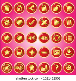 Gui Button Red circle with golden border. 2d asset for user interface GUI in mobile application or casual video game. Vector for web or game design. Decorative GUI elements, Cartoon colorful icon set.