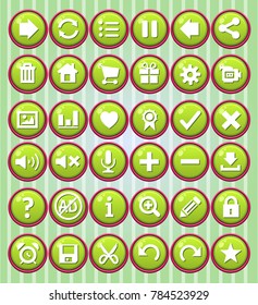 Gui button round color green border red for game set. 2d asset for user interface GUI in mobile application or casual video game. Vector for web or game design. Decorative GUI elements Cartoon.