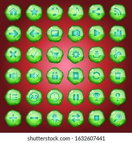 GUI buttons icons set for game interfaces color green light.