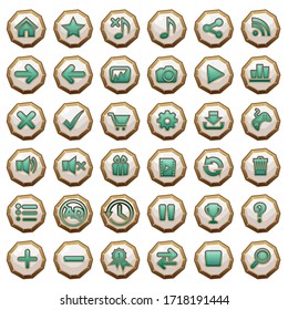GUI buttons wood icons set for game interfaces white and green.