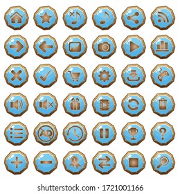 GUI buttons wood icons set for game interfaces color blue.