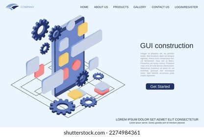 GUI construction, software engineering, mobile application development flat 3d isometric style vector concept illustration
