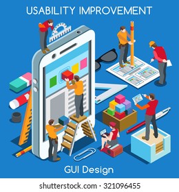 GUI design Smartphone App UI UX Improvement. Interacting People Unique Isometric Realistic Poses. palette 3D Flat Concept. Team Creating Great Web Graphic User Interface Vector Illustration