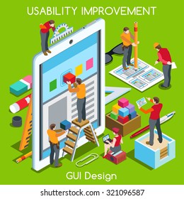 GUI design Tablet App UI UX Improvement. Interacting People Unique Isometric Realistic Poses. NEW bright palette 3D Flat Concept. Team Creating Great Web Graphic User Interface Vector Illustration