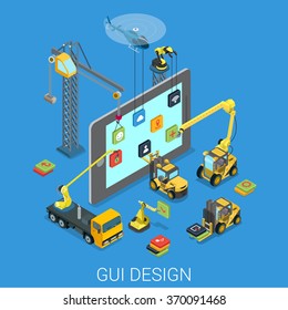 GUI Design UI UX Mobile User Interface Experience App Installation Setup Development Process. Flat 3d Isometry Isometric Technology Tablet Concept Web Vector Illustration.