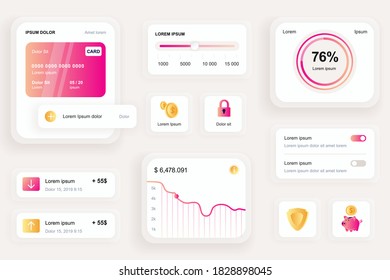 GUI elements for banking mobile app. Financial analytics of bank account, credit card balance user interface generator. Unique ui ux design kit vector illustration. Navigation and graphs components.