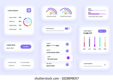 GUI elements for business analytics mobile app. Statistics diagrams and financial indexes user interface generator. Unique ui ux design kit vector illustration. Information visualisation components.