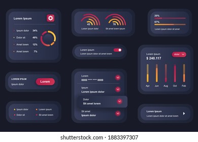 GUI elements for business analytics mobile app. Statistics diagrams and financial indexes user interface generator. Unique ui ux design kit vector illustration. Information visualisation components.