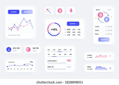 GUI elements for cryptocurrency mobile app. Cryptocurrency mining, exchange and stock trading user interface generator. Unique ui ux design kit vector illustration. Navigation and graphs components.