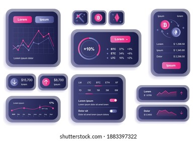 GUI elements for cryptocurrency mobile app. Cryptocurrency mining, exchange and stock trading user interface generator. Unique ui ux design kit vector illustration. Navigation and graphs components.