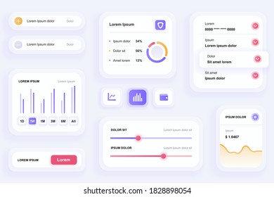 Elementos GUI para la aplicación móvil de finanzas. Generador de interfaz de usuario de análisis de negocios y gestión financiera. Ilustración vectorial del kit de diseño ui ux único. Gestionar, navegación y componentes de infografía.