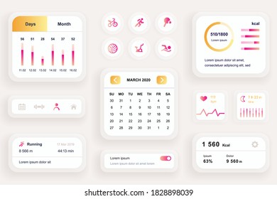 GUI elements for fitness workout mobile app. Fitness activity planner with calendar, heart rate monitor user interface generator. Ui ux design kit vector illustration. Health monitoring components.