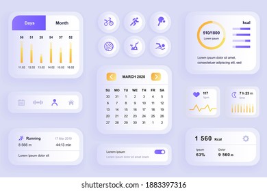 GUI elements for fitness workout mobile app. Fitness activity planner with calendar, heart rate monitor user interface generator. Ui ux design kit vector illustration. Health monitoring components.