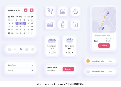 Elementos GUI para la aplicación móvil de entrega de alimentos. Generador de interfaz de usuario de servicio de comida y restauración en línea. Ilustración vectorial del kit de diseño ui ux único. Programar, menú y ruta en los componentes del mapa.