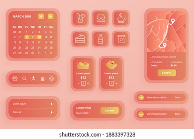 GUI elements for food delivery mobile app. Online food order and catering service user interface generator. Unique ui ux design kit vector illustration. Schedule, menu and route on map components.