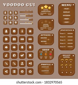 GUI elements for game design in the style of voodoo. Includes menu and settings windows, progress bar, icons and numbers.