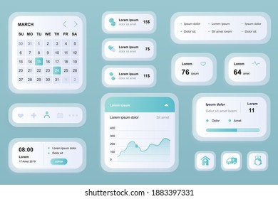 GUI elements for medicine mobile app. Online medical services in clinic, pharmacy store user interface generator. Unique ui ux design kit vector illustration. Calendar, navigation and chart components