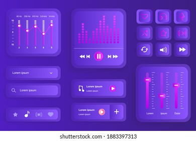 GUI elements for music player mobile app. Audio equalizer settings, playlist navigation, search bar user interface generator. Unique ui ux design kit vector illustration. Music listening components.