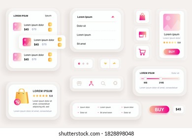 Elementos GUI para comprar aplicaciones móviles. Plataforma de compras, clasificación de productos, revisión y fijación de precios del generador de interfaz de usuario. Ilustración vectorial del kit de diseño ui ux único. Componentes del formulario de navegación y búsqueda